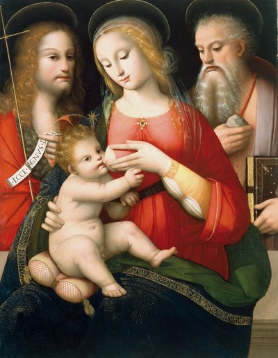 Madonna met kind en heiligen Johannes de Doper en Girolamo door Andrea Piccinelli